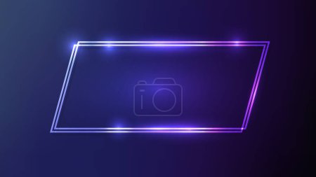 Neon double quadrangle frame with shining effects on dark blue background. Empty glowing techno backdrop. Vector illustration