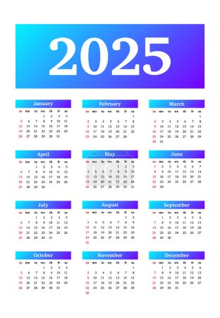 Kalender für 2025 isoliert auf weißem Hintergrund. Sonntag bis Montag, Geschäftsvorlage. Vektorillustration