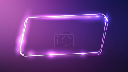 Neon double rounded parallelogram frame with shining effects on purple background. Empty glowing techno backdrop. Vector illustration