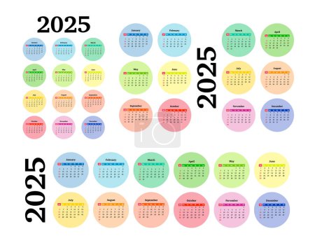 Conjunto de tres calendarios para 2025 en diferentes formas aisladas sobre un fondo blanco. De domingo a lunes, plantilla de negocios. Ilustración vectorial