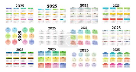 Gran conjunto de calendarios para 2025 aislados sobre un fondo blanco. De domingo a lunes, plantilla de negocios. Ilustración vectorial