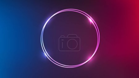 Illustration for Neon double round frame with shining effects on dark purple background. Empty glowing techno backdrop. Vector illustration - Royalty Free Image