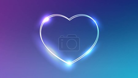 Illustration for Neon double frame in heart form with shining effects on dark blue background. Empty glowing techno backdrop. Vector illustration - Royalty Free Image