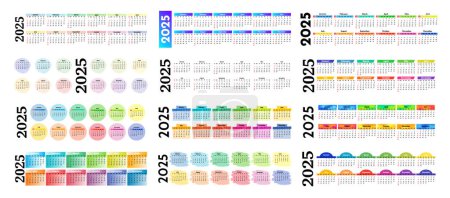 Ilustración de Gran conjunto de calendarios horizontales para 2025 aislados sobre un fondo blanco. De domingo a lunes, plantilla de negocios. Ilustración vectorial - Imagen libre de derechos