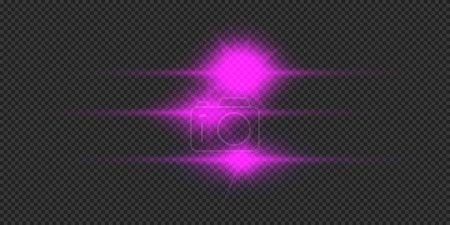 Ilustración de Efecto luminoso de las bengalas. Tres efectos de explosión de luz brillante horizontal púrpura con destellos sobre un fondo gris transparente. Ilustración vectorial - Imagen libre de derechos