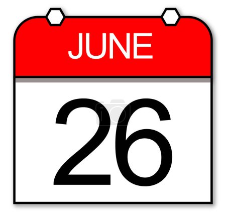 26 de junio, Calendario diario cuadrado sobre fondo transparente. Representación de un día del año.
