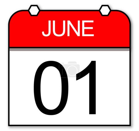 June 1, A simple calendar. Beginning of month. Red and white square daily calendar.