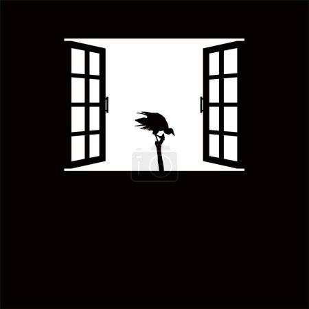 Téléchargez les illustrations : Silhouette d'oiseau vautour noir sur la fenêtre. Creepy, Horror, Scary, Mystery, or Crime Illustration. Illustration for Horror Movie ou Halloween Poster Design Element. Illustration vectorielle - en licence libre de droit