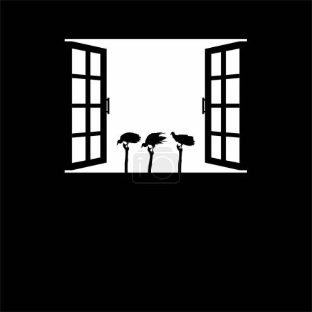 Téléchargez les illustrations : Troupeau de l'oiseau vautour noir sur la silhouette de la fenêtre. Creepy, Horror, Scary, Mystery, or Crime Illustration. Illustration for Horror Movie ou Halloween Poster Design Element. Illustration vectorielle - en licence libre de droit