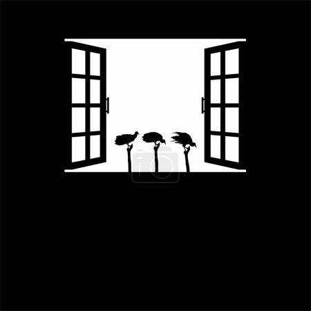 Téléchargez les illustrations : Troupeau de l'oiseau vautour noir sur la silhouette de la fenêtre. Creepy, Horror, Scary, Mystery, or Crime Illustration. Illustration for Horror Movie ou Halloween Poster Design Element. Illustration vectorielle - en licence libre de droit