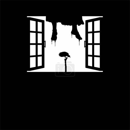 Téléchargez les illustrations : Pendaison de jambes de femme sanglante et oiseau vautour noir sur les fenêtres. Dramatique, effrayant, Horreur, effrayant, Mystère, ou Illustration effrayante. Illustration pour film d'horreur (film) ou élément d'affiche d'Halloween - en licence libre de droit