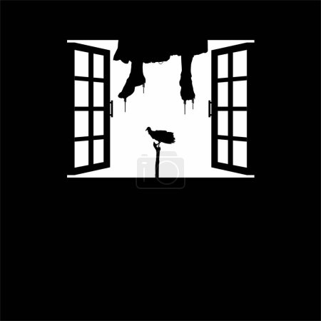 Ilustración de Colgando piernas de mujer sangrienta y pájaro buitre negro en las ventanas. Dramático, espeluznante, horroroso, aterrador, misterioso o espeluznante ilustración. Ilustración para película de terror (película) o elemento de cartel de Halloween - Imagen libre de derechos
