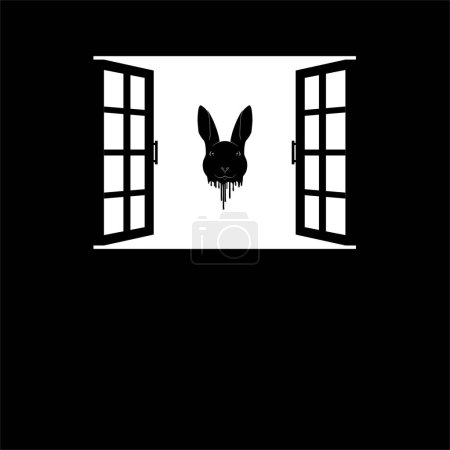 Illustration for Flying Bloody Rabbit Head on the Window Silhouette, Dramatic, Creepy, Horror, Scary, Mystery, or Spooky Illustration. Art Illustration for Horror Movie Film or Halloween Poster Element. Vector - Royalty Free Image