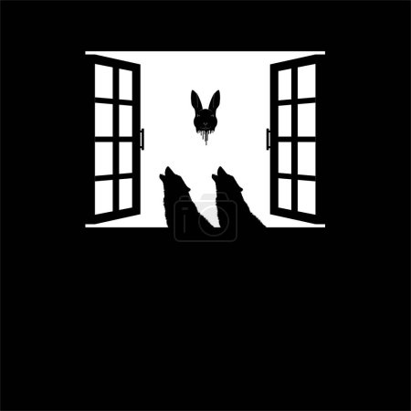 Foto de Wolf and Flying Bloody Rabbit Head on the Window Silhouette, Dramatic, Creepy, Horror, Scary, Mystery, or Spooky Illustration (en inglés). Ilustración de arte para película de terror o elemento de cartel de Halloween. - Imagen libre de derechos