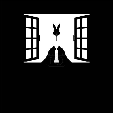 Foto de Wolf and Flying Bloody Rabbit Head on the Window Silhouette, Dramatic, Creepy, Horror, Scary, Mystery, or Spooky Illustration (en inglés). Ilustración de arte para película de terror o elemento de cartel de Halloween. - Imagen libre de derechos