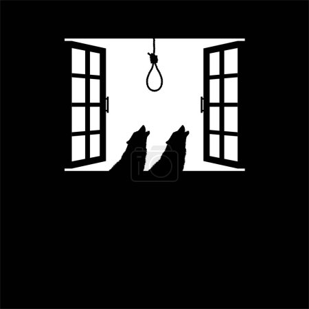 Photo for Howling Wolf and Suicide Rope or Gallows on the Windows. Dramatic, Creepy, Horror, Scary, Mystery, or Spooky Illustration. Illustration for Horror Movie of Film or Halloween Poster Element. Vector Illustration - Royalty Free Image