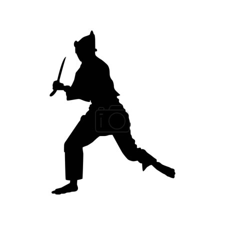 Illustration for Silhouette of 'Pencak Silat' Athlete in action use machete as a weapon, Pencak Silat is Martial Art from Indonesia. Vector Illustration - Royalty Free Image