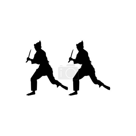 Illustration for Silhouette of 'Pencak Silat' Athlete in action use machete as a weapon, Pencak Silat is Martial Art from Indonesia. Vector Illustration - Royalty Free Image