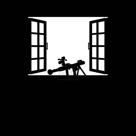 Illustration for Silhouette of the Bazooka or Rocket Launcher Weapon in the Window, Dramatic War View, can use for Art Illustration, War News, Poster or Graphic Design Element. Vector Illustration - Royalty Free Image