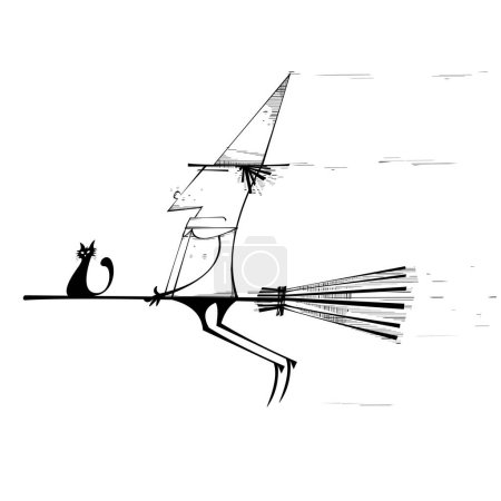 Téléchargez les illustrations : Méchante sorcière volant sur Balai avec Chat. Illustration vectorielle - en licence libre de droit