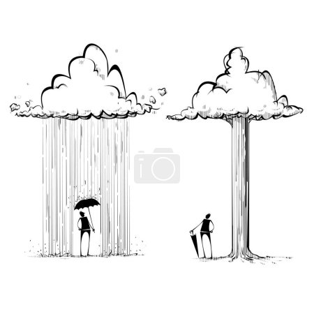 Téléchargez les illustrations : Deux hommes sous un nuage et un arbre. Illustration vectorielle - en licence libre de droit