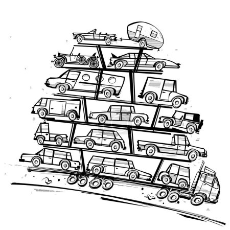 An overloaded car transporter speeds down the road. Vector illustration