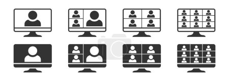 Icônes de vidéoconférence réglées. icône de travail en ligne. Des gens à l'écran. Illustration vectorielle.