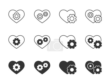 Illustration for Gears in heart icons set. Gogs and heart symbols. Vector illustration. - Royalty Free Image
