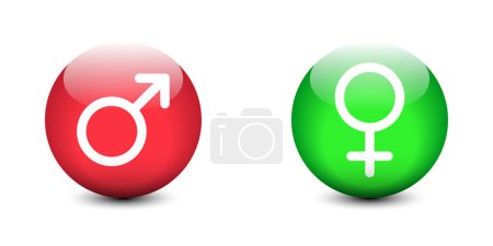 Gender-Zeichen-Symbole. Realistische Hochglanzknöpfe mit männlichen und weiblichen Geschlechtssymbolen. Flache Vektorabbildung.