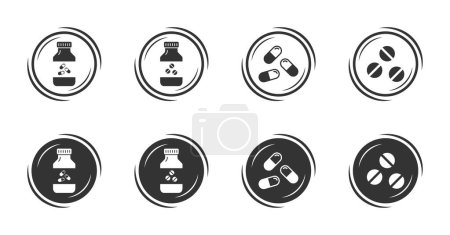 Illustration for Pills icon. Drugstore. Medicine bottle and pills. Vector illustration. - Royalty Free Image