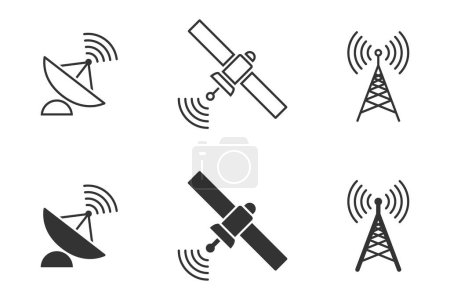 Ilustración de Conjunto de tecnología inalámbrica por satélite. Iconos de antena, satélites y antenas parabólicas. Ilustración vectorial. - Imagen libre de derechos