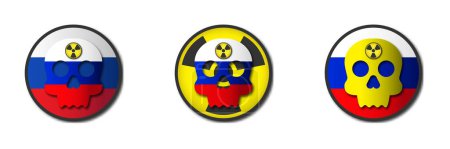 Téléchargez les illustrations : Drapeau russe avec crâne et symbole de rayonnement. Concept de guerre nucléaire. Illustration vectorielle plate. - en licence libre de droit