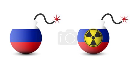 Illustration for Bomb painted in colors of russian flag with radiation symbol. Flat vector illustration. - Royalty Free Image