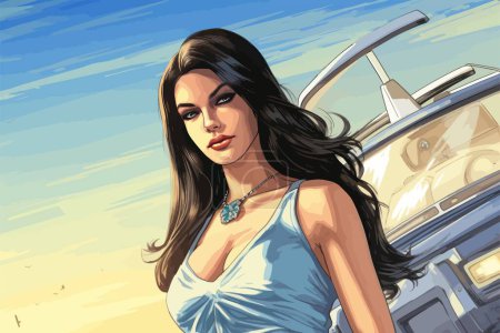 Beautiful young woman in a blue dress on the background of a car. Cartoon vector illustration.