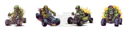 Téléchargez les illustrations : Monstre zombie équitation hot rod glisser voiture de course. Illustration vectorielle de bande dessinée. - en licence libre de droit
