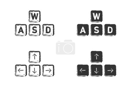 Handgezeichneter Pfeil auf der Tastatur und Wasd-Symbol. Vektorillustration.