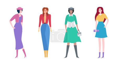 Illustration for Cute multiracial girls in new autumn dresses. Vector flat illustration. The concept of autumn fashion and female beauty - Royalty Free Image