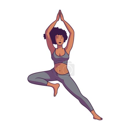 Frau, die Yoga-Posen mit erhobenen Händen aufführt. Cartoon Vektor.