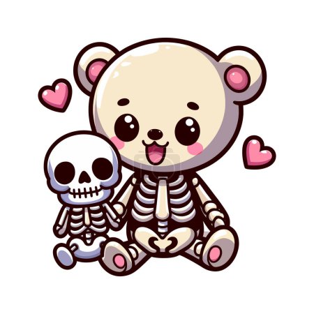 Skelett und Teddybär sitzen nebeneinander.