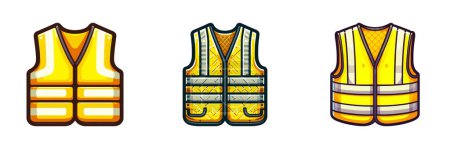 Three Safety Vests With Different Designs. Cartoon Vector.