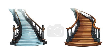 Un dessin vectoriel de dessin animé détaillé d'un escalier avec balustrades.