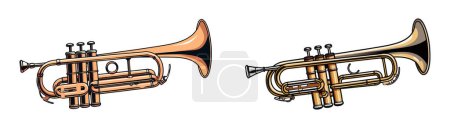 Karikaturzeichnung einer Trompete und eines Kornets nebeneinander.