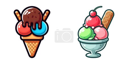 Illustration for Two Ice Cream Cones With Different Flavors. Cartoon Vector. - Royalty Free Image