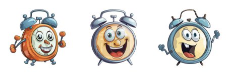 Ilustración de Tres relojes de alarma de dibujos animados que muestran diferentes expresiones y muestran la hora con sus manos. - Imagen libre de derechos