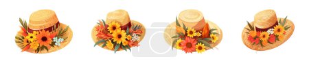 Téléchargez les illustrations : Collection de chapeaux avec des fleurs vibrantes comme embellissements. - en licence libre de droit