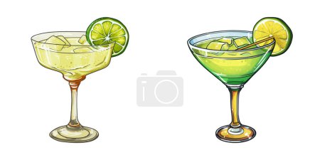 Téléchargez les illustrations : Deux verres remplis de diverses boissons sur une table. - en licence libre de droit
