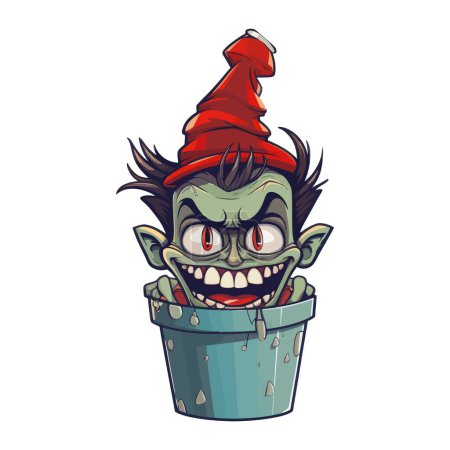 Cartoon character with evil expression trapped in a bucket.