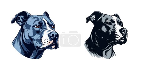 Illustration for Two pitbull dogs, one black and one white, stand side by side on a white background. - Royalty Free Image