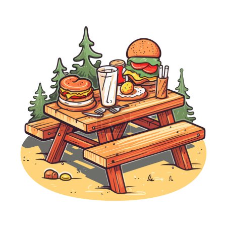Ilustración de Una hamburguesa y una bebida en una mesa de picnic. - Imagen libre de derechos