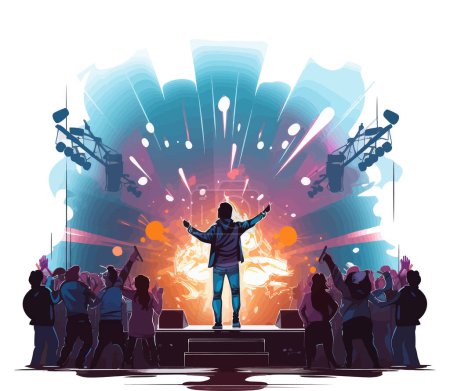 Illustration for A man stands on a stage while surrounded by a group of people. - Royalty Free Image